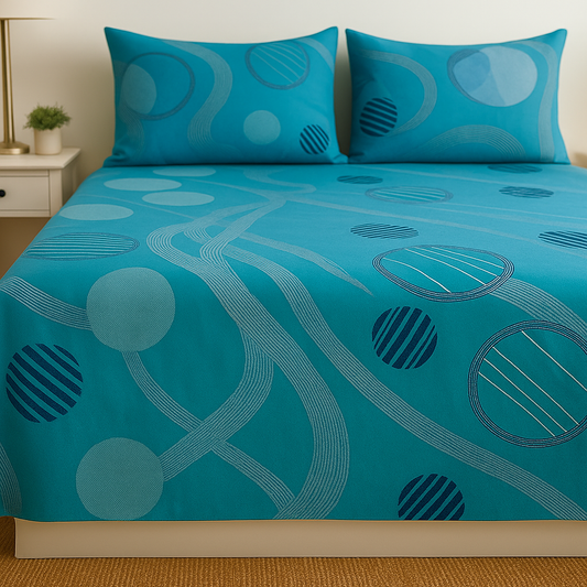 Teal bedspread with circular patterns on a bed in a bedroom setting.