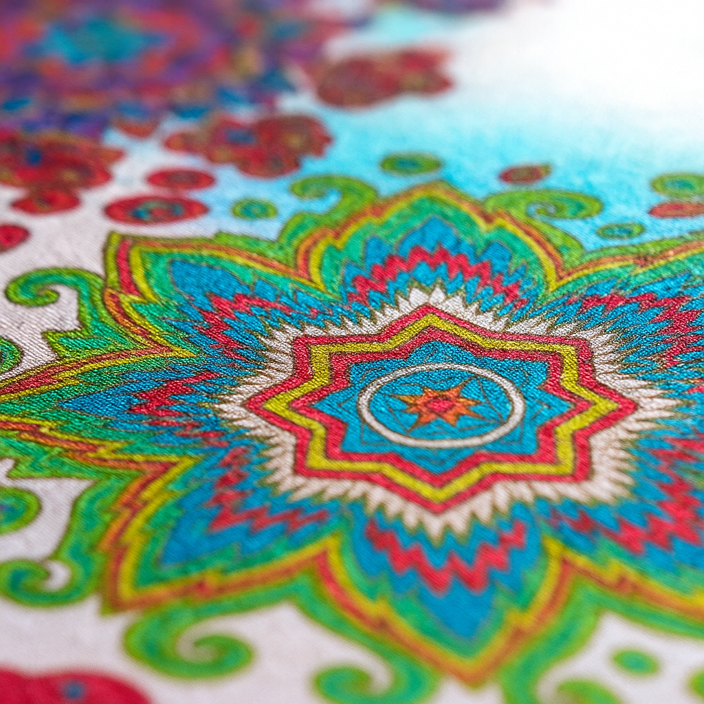 Close-up of a colorful mandala design with vibrant colors on a white background.
