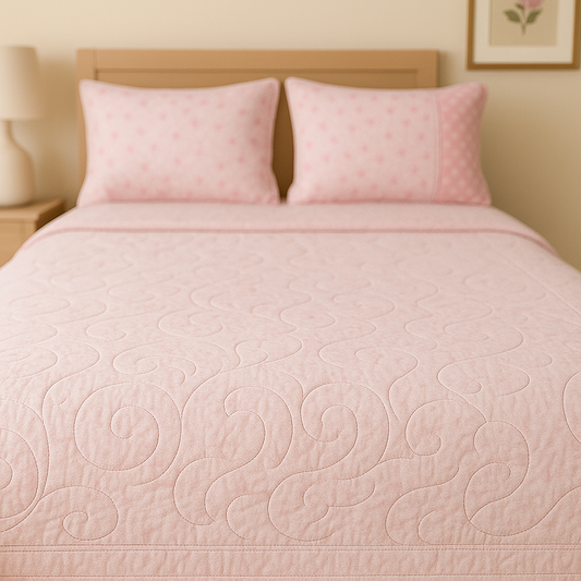Pink quilted bedspread and pillows on a bed in a bedroom setting.