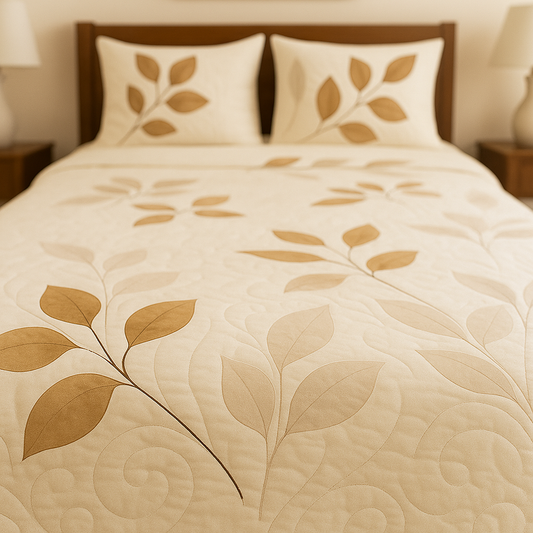 Beige bedspread with leaf pattern on a bed in a bedroom setting