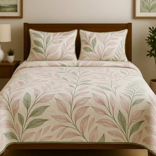 Floral-patterned bedding set on a bed in a bedroom setting