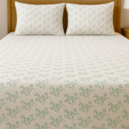 Bed with floral patterned bedding and pillows