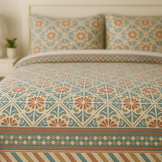 Bed with patterned bedding and pillows in a bedroom setting