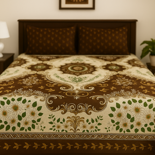 Decorative bedspread with intricate patterns on a bed in a room setting.