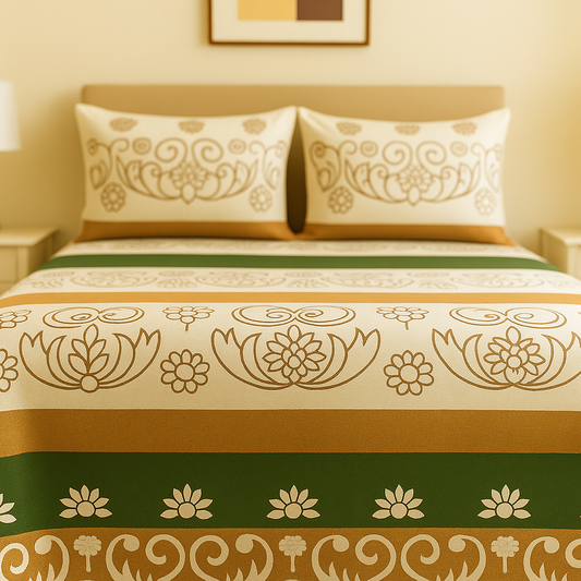 Decorative bedspread with floral patterns on a bed in a bedroom setting.