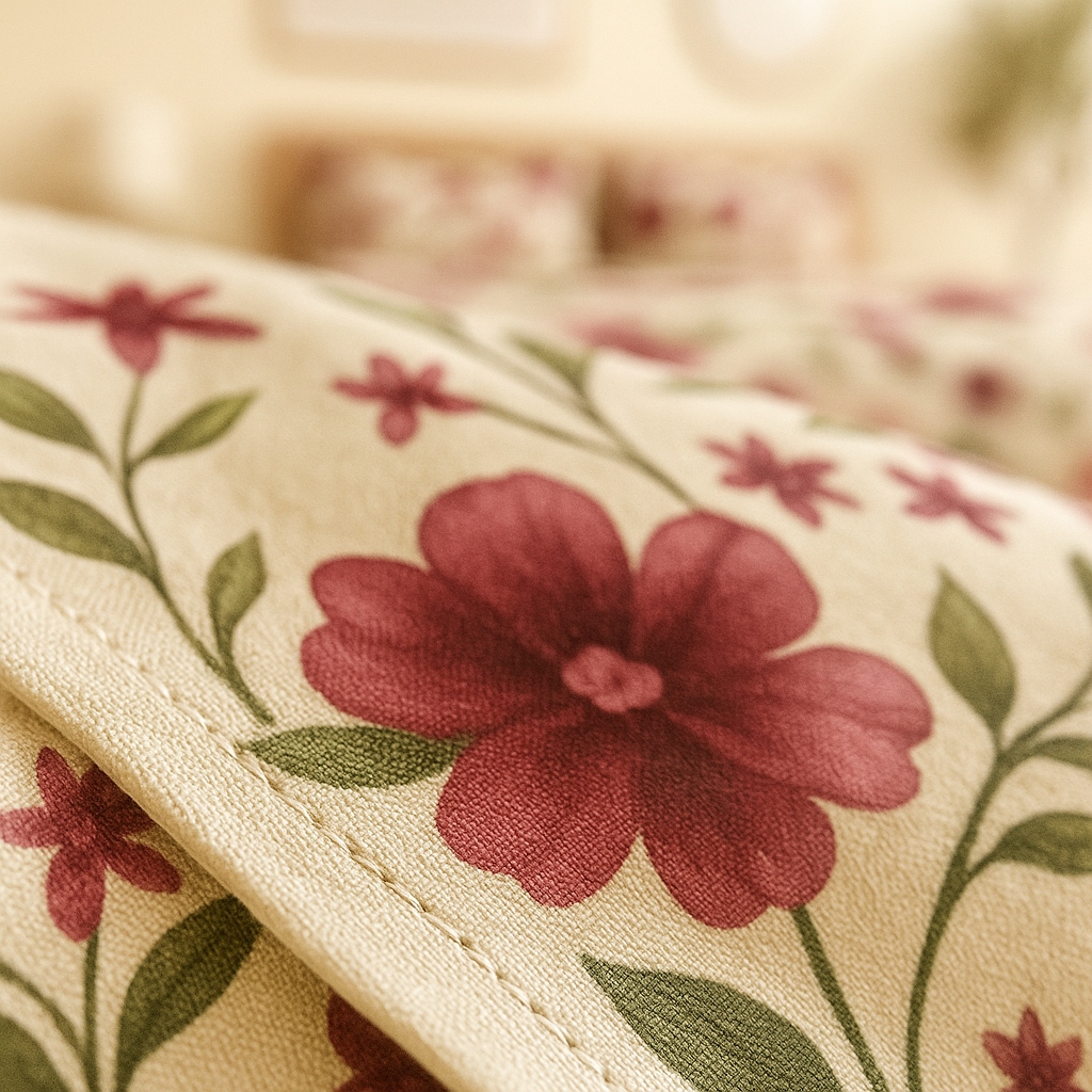 Close-up of floral fabric with red flowers and green leaves on a beige background