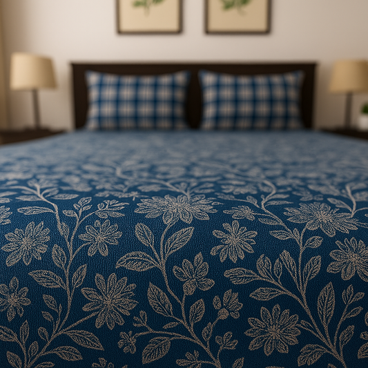 Floral patterned fabric on a bed with a blurred background
