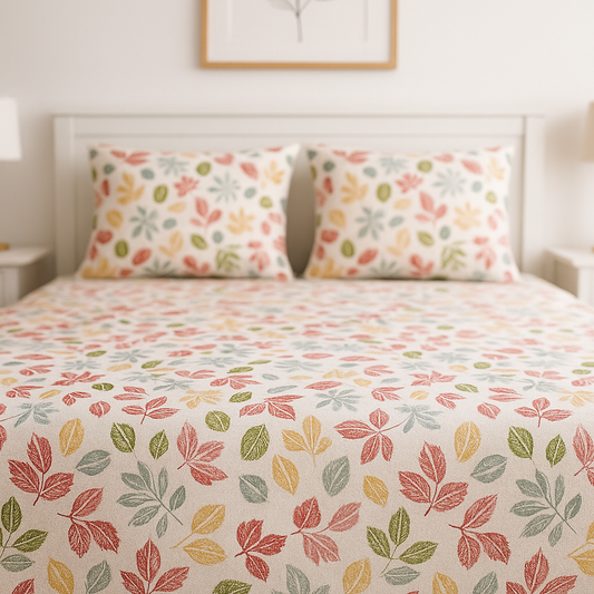 Bed with floral-patterned bedding and pillows in a bedroom setting.
