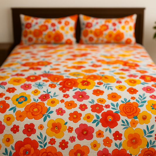 Floral patterned bedspread with orange, red, and yellow flowers on a bed.