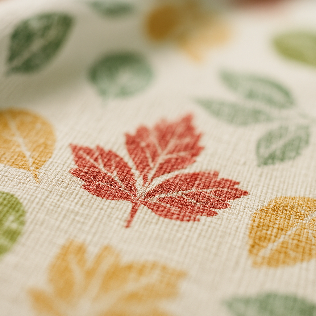 Close-up of fabric with leaf pattern featuring red, green, and yellow leaves.