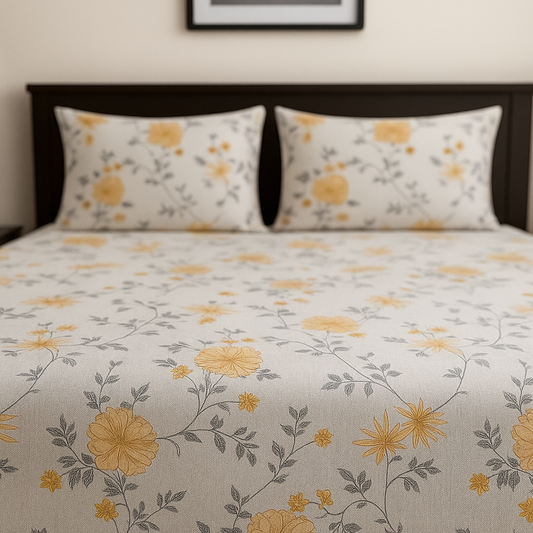 Floral patterned bedspread on a bed with matching pillows.