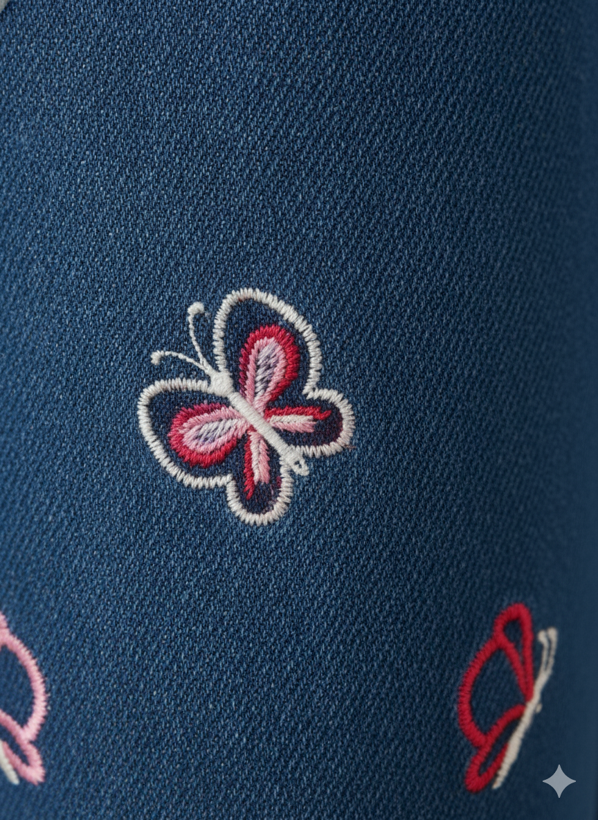 Girls’ Embroidered Butterfly Denim Jeans – Dark Blue KMJ-T002