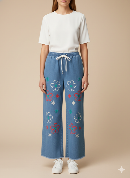 Ladies’ Colorful Floral Embroidered Denim Jeans – Light Blue LFJ-T003