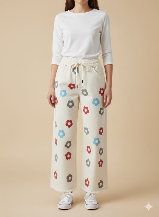 Ladies’ Multicolor Flower Print Denim Jeans – Off White LFJ-T002