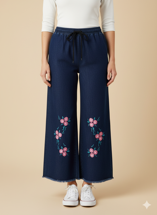 Ladies’ Floral Embroidered Denim Jeans – Dark Blue LFJ-T001