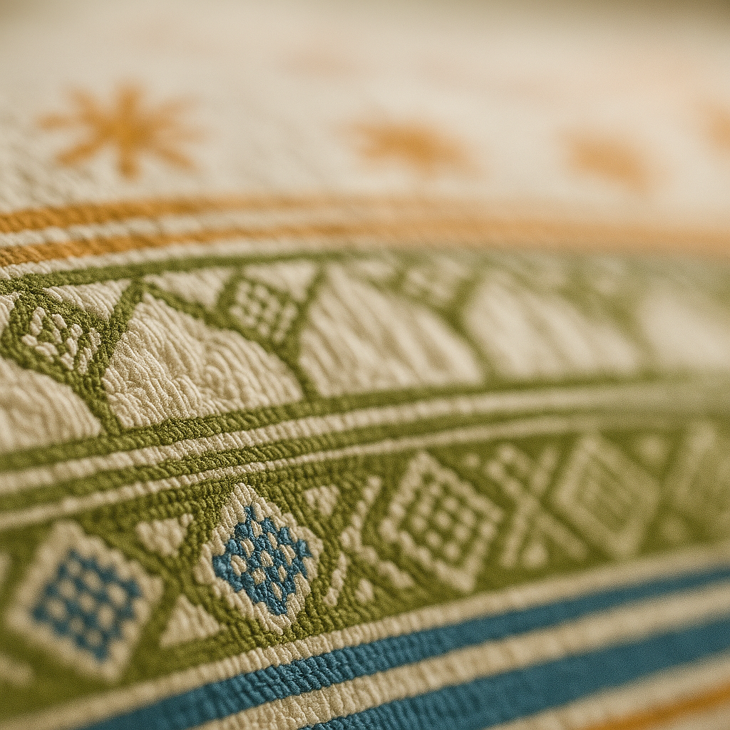 Close-up of embroidered fabric with geometric patterns in green, blue, and orange.