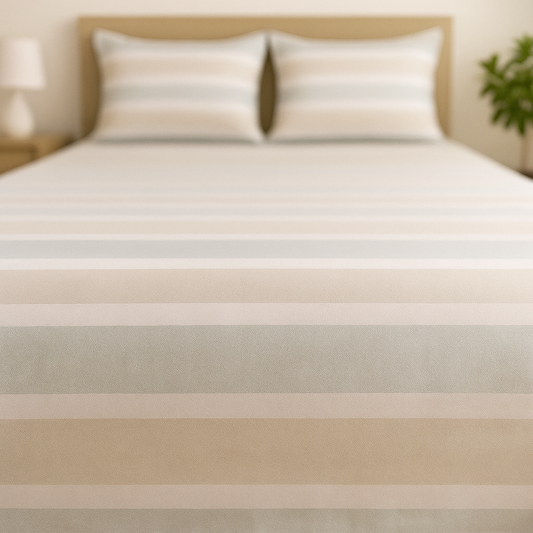 Bed with striped bedding and pillows in a softly lit room.