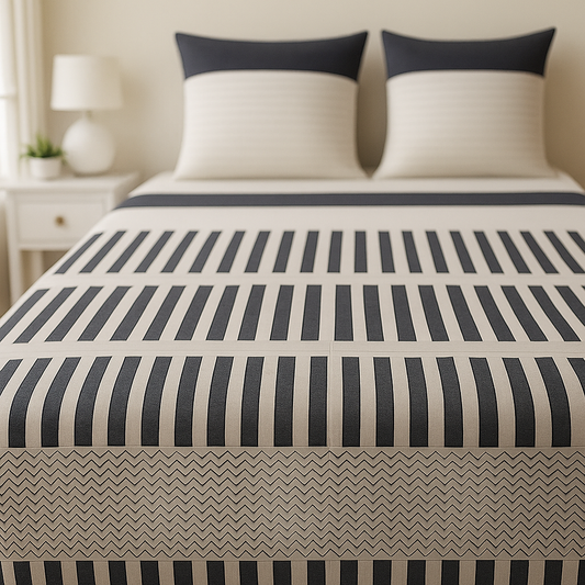 Bed with striped bedding and white pillows in a bedroom setting