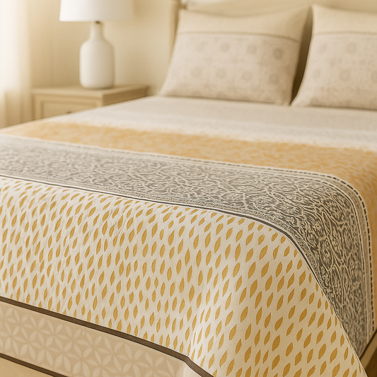 Patterned bedspread on a bed with a lamp in the background