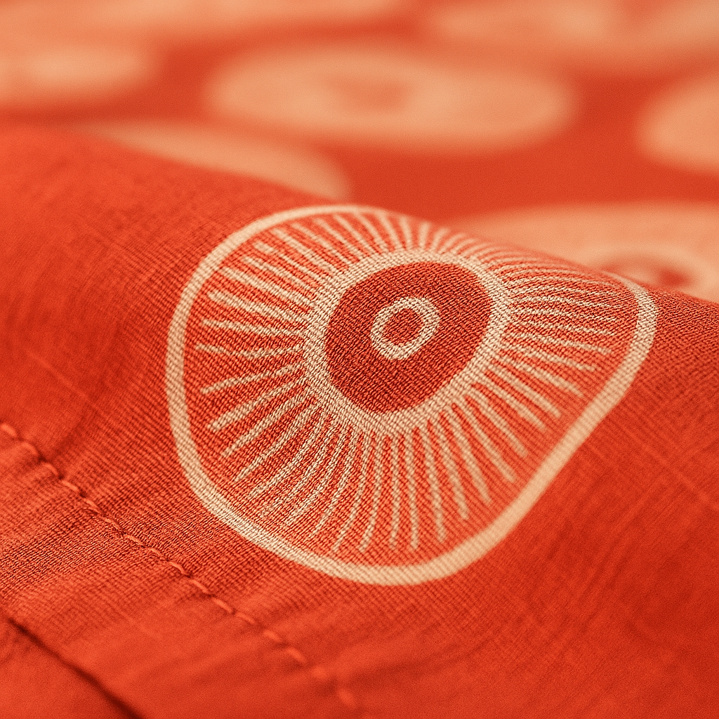 Close-up of a red fabric with a white circular pattern on an orange background