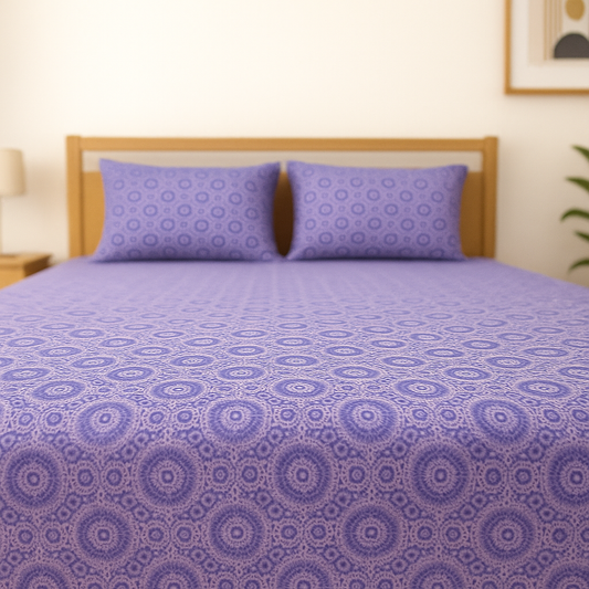 Bed with purple patterned bedding and pillows in a bedroom setting.