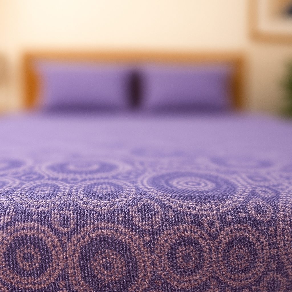 Close-up of a purple patterned bedspread with a blurred background