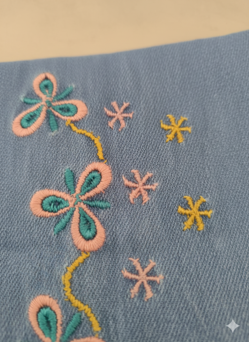 Girls’ Embroidered Floral Denim Jeans – Light Blue KFJ-T003