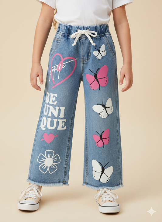 Girls’ “Be Unique” Butterfly Print Jeans KSJ-T001