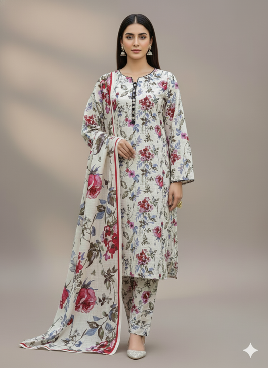 Off-White & Maroon Floral Kaddar Unstitched 3-Piece Suit Floral-LKUS-T001