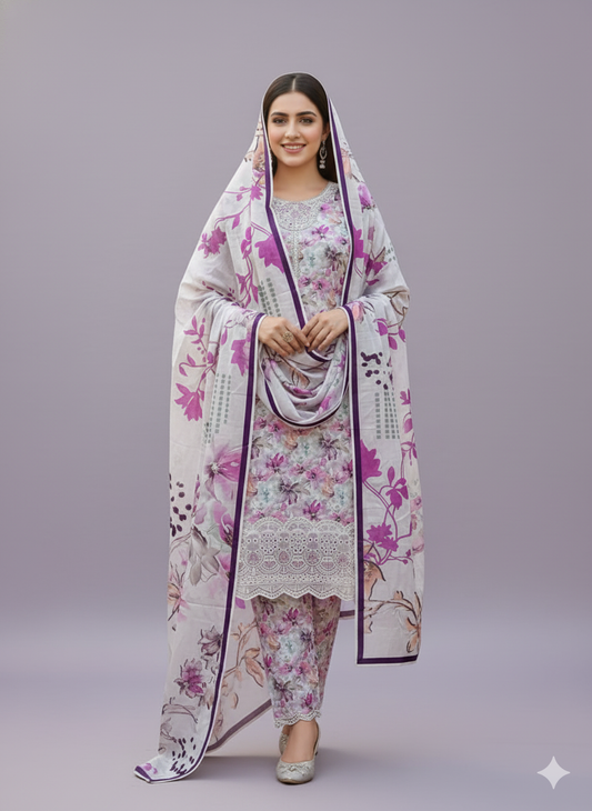 White & Purple Kaddar Unstitched 3-Piece Suit Floral-LKUS-T002