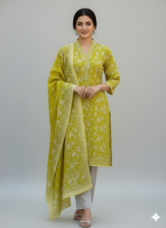Mustard Yellow Floral Kaddar Unstitched 3-Piece Suit Floral-LKUS-T004