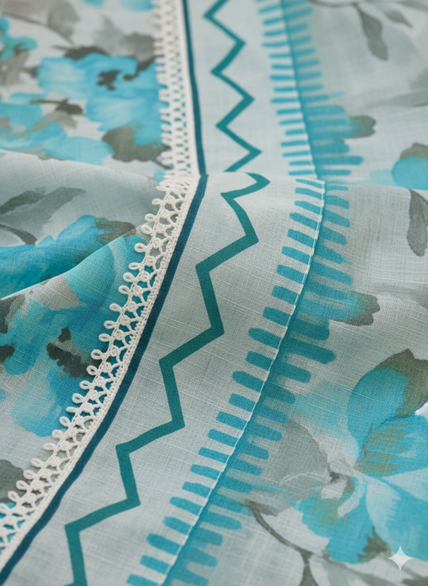 White & Aqua Blue Floral Kaddar Unstitched 3-Piece Suit Floral-LKUS-T003