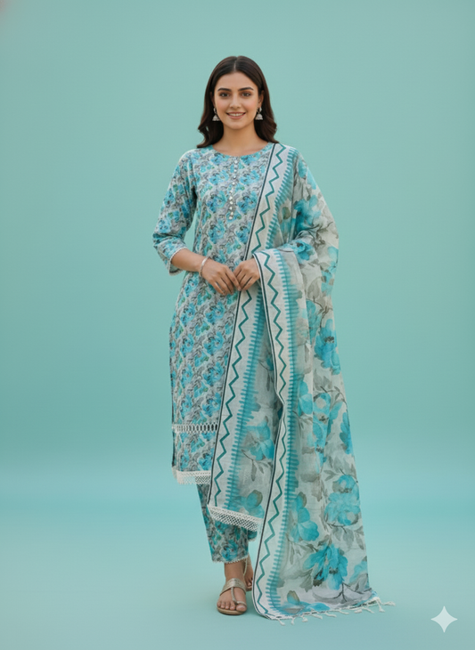White & Aqua Blue Floral Kaddar Unstitched 3-Piece Suit Floral-LKUS-T003