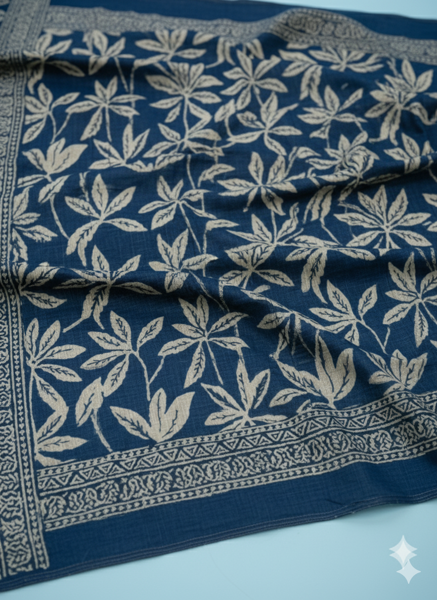 Navy Blue Leaf Print Kaddar Unstitched 3-Piece Suit Floral-LKUS-T006