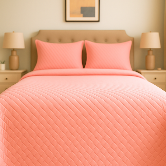 Bed with pink quilt and pillows in a bedroom setting