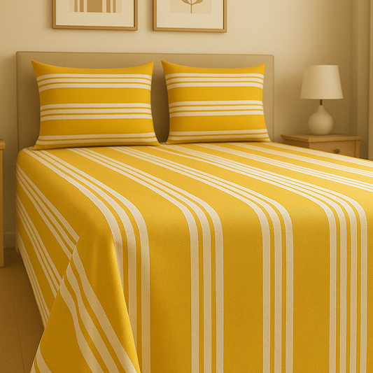 Yellow and white striped bedding set on a bed in a bedroom setting.