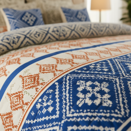 Close-up of a patterned bedspread with blue, orange, and white colors.