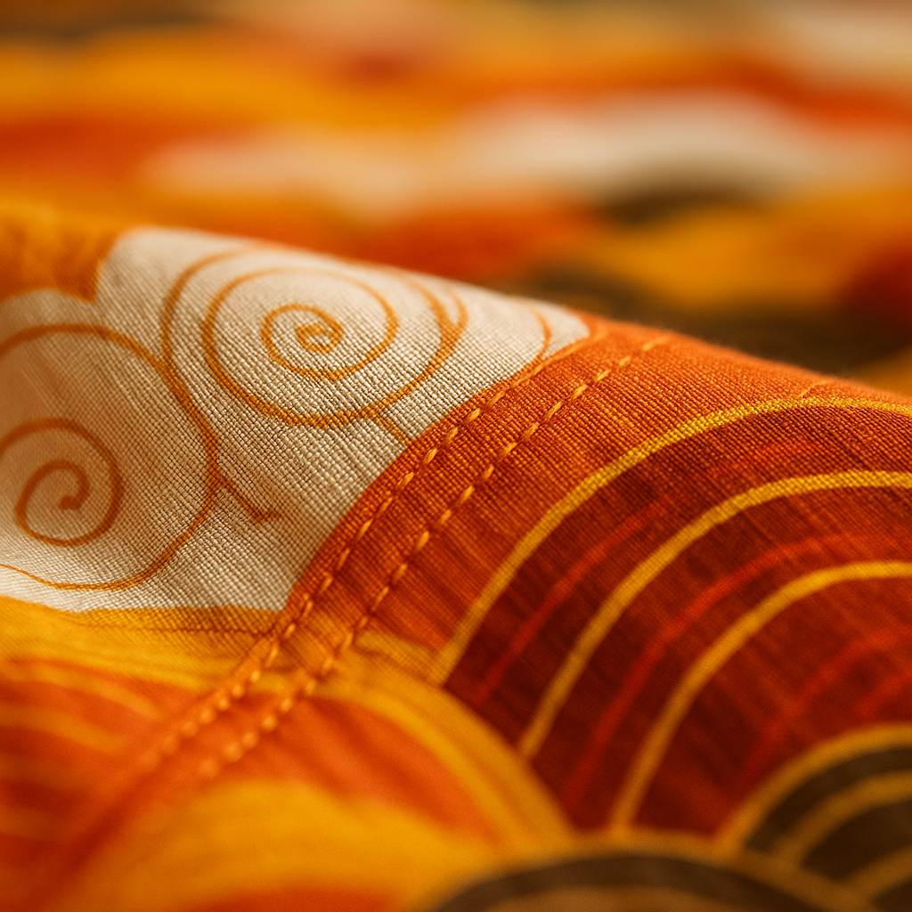 Close-up of orange fabric with decorative patterns