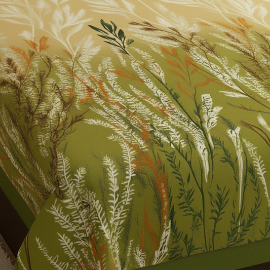 Close-up of a fabric with a nature-themed pattern featuring plants and leaves on a green background.