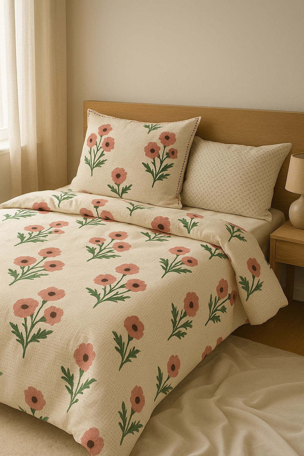 Floral patterned bedding set on a bed in a bedroom setting.