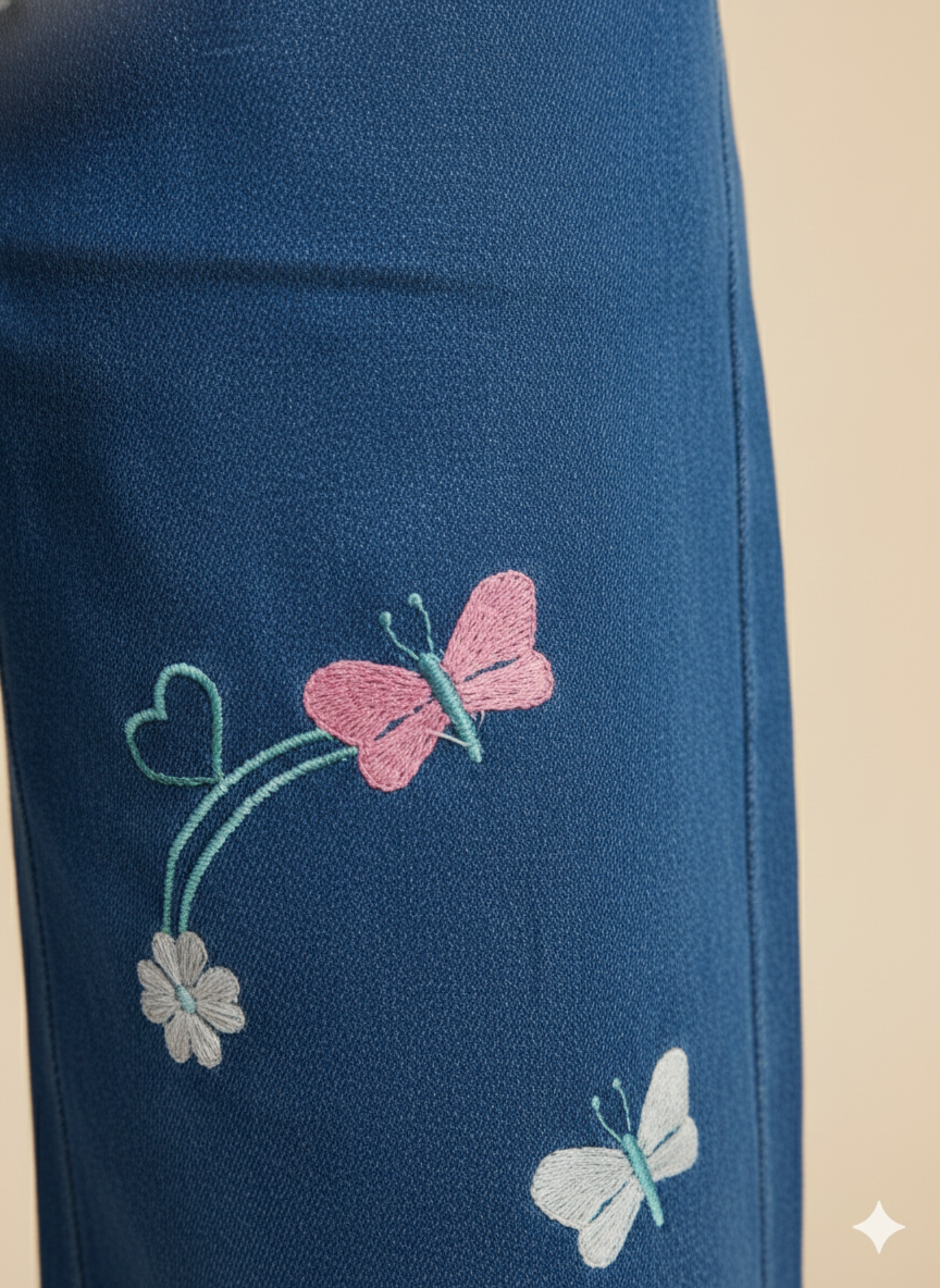 Girl Butterfly Embroidered Denim Jean Dark Blue GFJ-T004