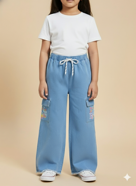 Girl Butterfly Embroidered Denim Jean light Blue GFJ-T002