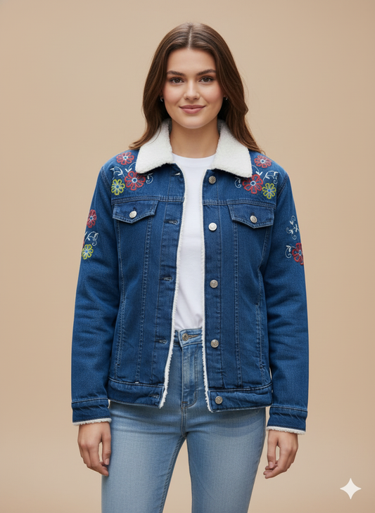 Girl Floral Embroidered Denim Jacket Blue – Dark Blue GFDJ-T005