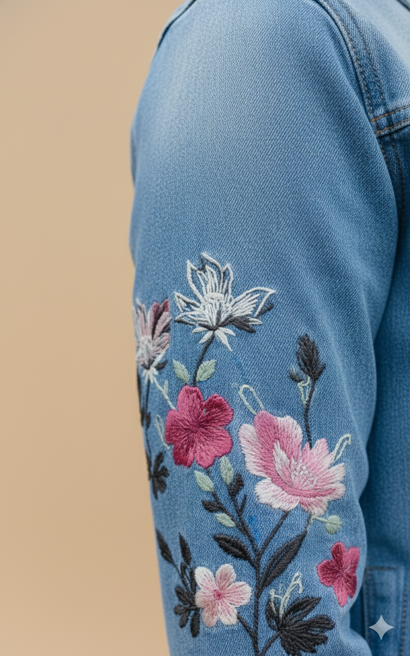 Girl Floral Embroidered Denim Jacket Light Blue GFDJ-T006