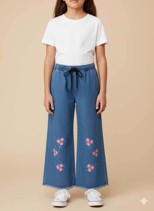 Girls’ Floral Embroidered Denim Jeans – Light Blue KFJ-T001