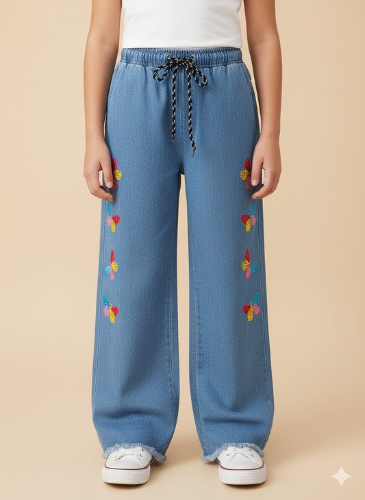 Girls’ Embroidered Butterfly Denim Jeans – Light Blue KMJ-T001