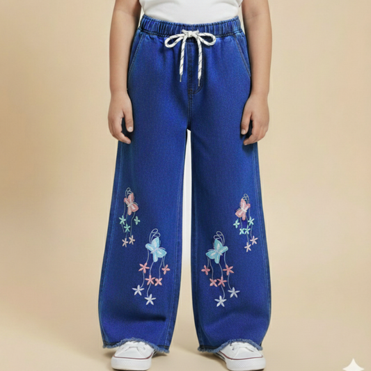 Girl Butterfly Embroidered Denim Jean Navy Dark Blue GFJ-T013