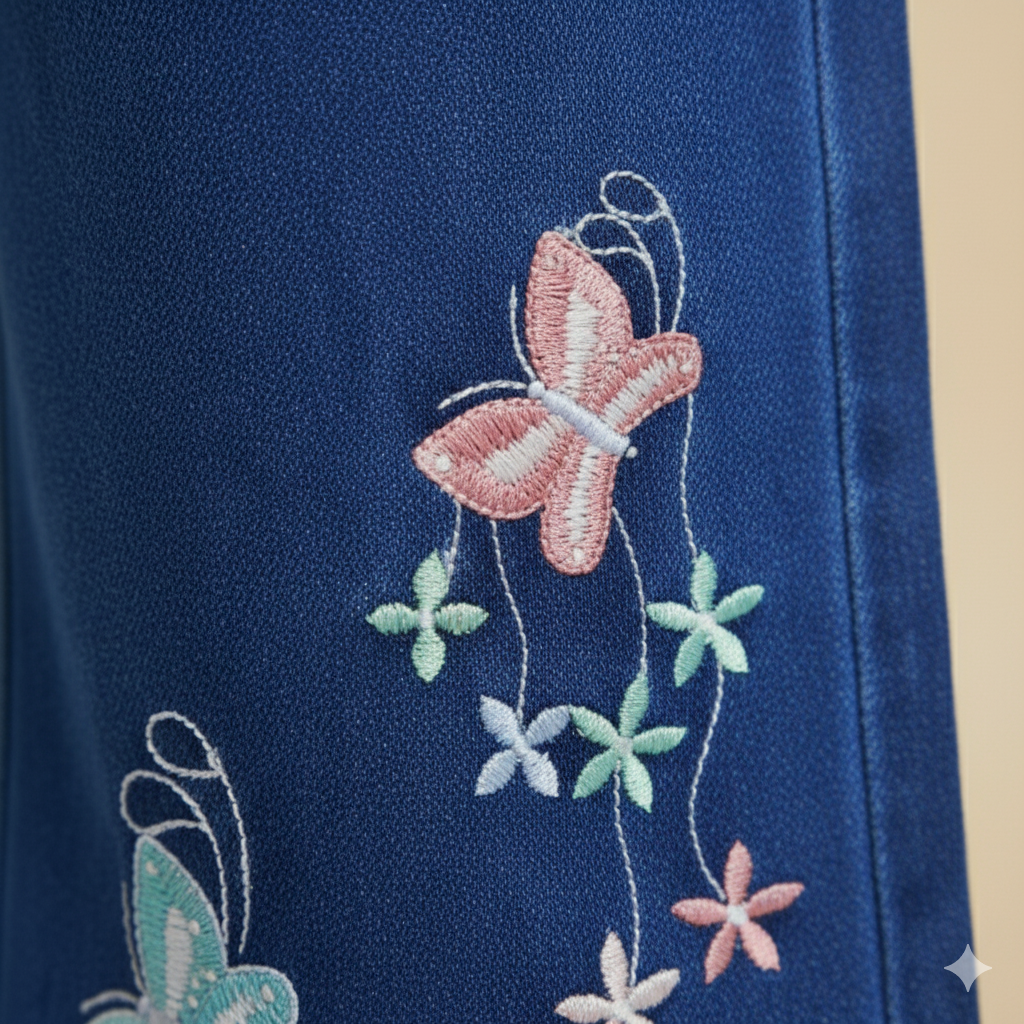 Girl Butterfly Embroidered Denim Jean Navy Dark Blue GFJ-T013