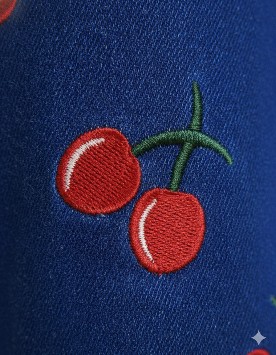 Girl Cherry Embroidered Denim Royal Dark Blue GFJ-T014