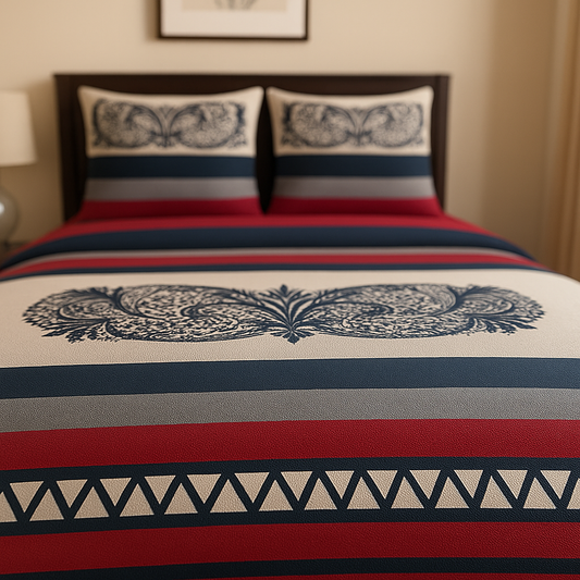 Bed with red, blue, and white striped bedding featuring a decorative pattern.